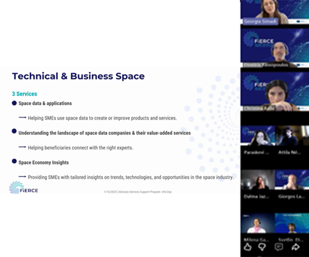 On 1 October 2025, the FIERCE Project hosted an Info Day dedicated to its first Open Call for the Advisory Services Programme, attracting SMEs and start-ups eager to learn how downstream space data can support their green and digital transition.